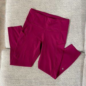 Lululemon fast and free 23" Pink Raspberry Leggings with raw hem & pockets Sz 8
